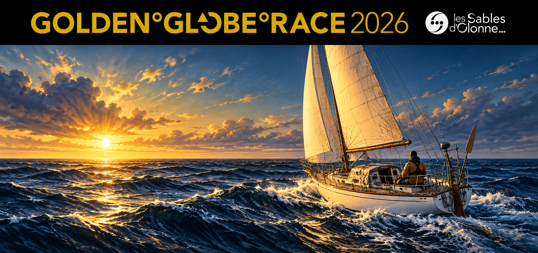 Illustration of a lone traditional yacht crossing the ocean beneath the Golden Globe Race 2026 logo